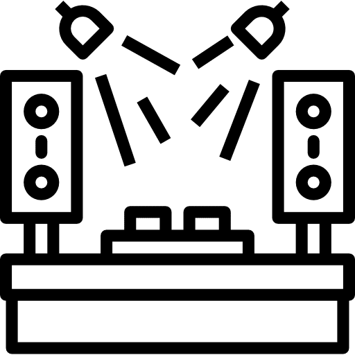 A Line Art Illustration of a Dj Console With Two Speakers Emitting Sound Waves