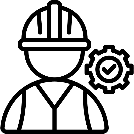 A Line Icon of a Person Wearing a Safety Helmet and Vest, With a Gear Symbol Containing a Check Mark
