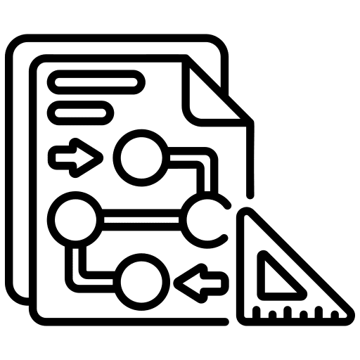 A Line Art Icon Depicting a Document With Flowchart Symbols and a Ruler
